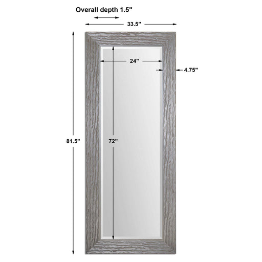 Large silver floor mirror by Uttermost, Amadeus style, with a sleek frame reflecting modern home decor.
