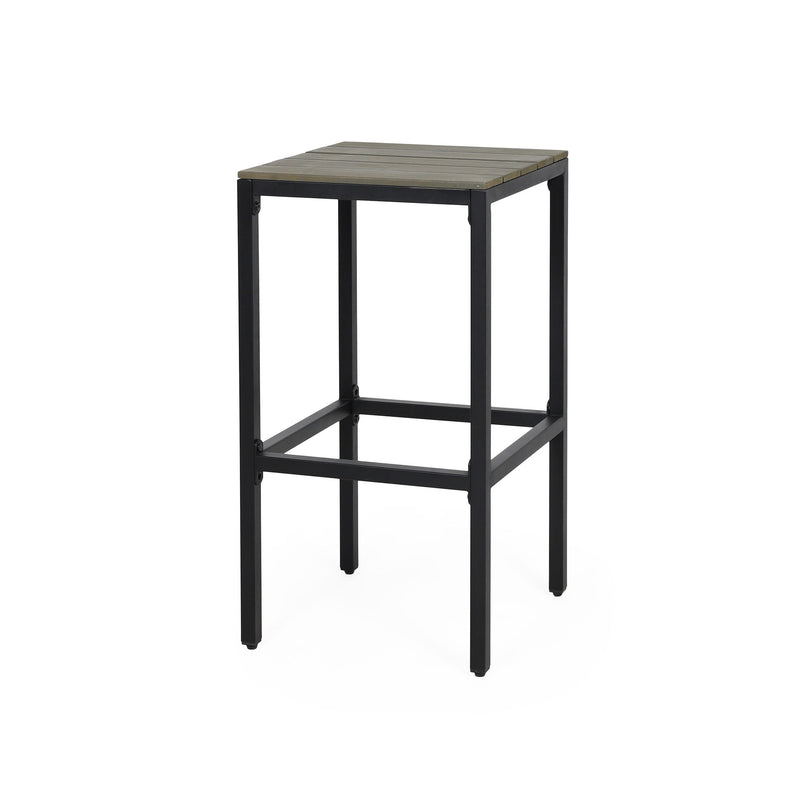 Set of two Noble House outdoor bar stools with slat design and metal frames, ideal for patio or garden seating.