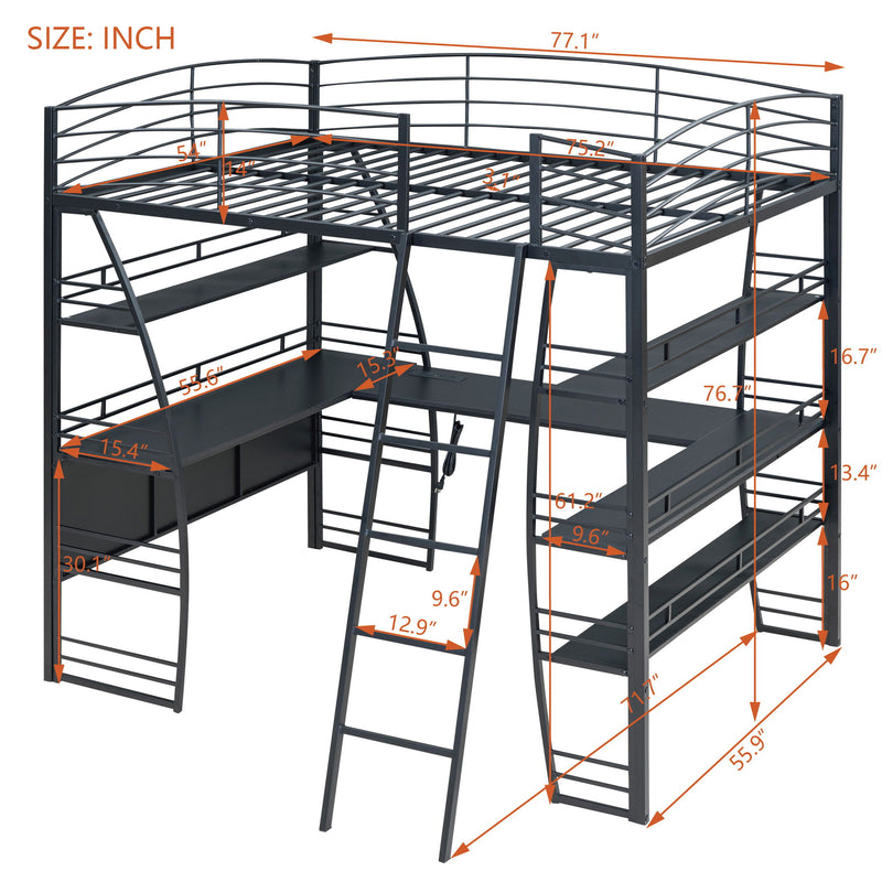 Loft Bed With 4 Layers Of Shelves And L-Shaped Desk, Stylish Metal Frame Bed With A Set Of Sockets, USB Ports And And Wireless Charging - R&R Furniture Gallery (Fountain Valley, CA)