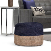 Simpli-Home Lydia handcrafted round accent pouf with textured fabric, versatile seating or footrest for living rooms.