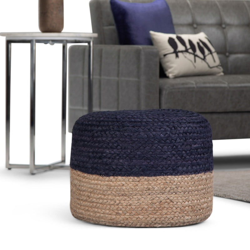 Simpli-Home Lydia handcrafted round accent pouf with textured fabric, versatile seating or footrest for living rooms.