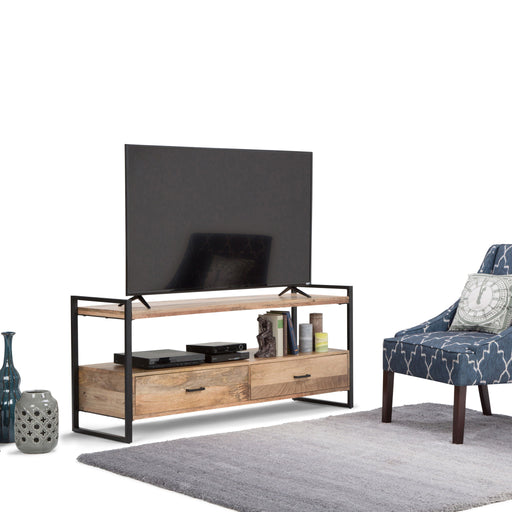 Simpli-Home Riverside TV media stand in natural wood finish, modern design with open shelves and storage compartments.