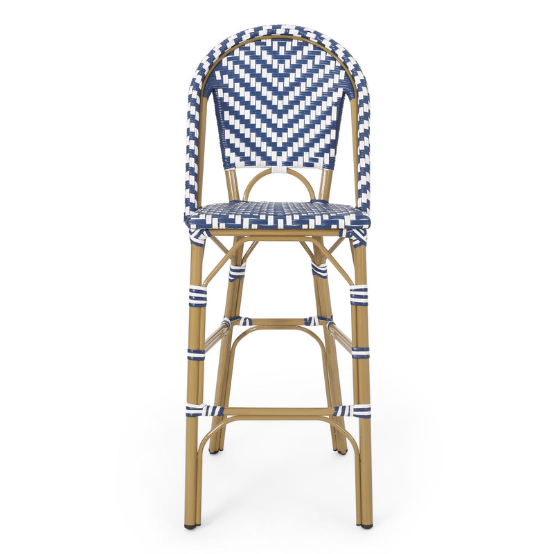 Outdoor Rattan French Barstool Set,, Bamboo, Seat Height - Navy Blue / White - R&R Furniture Gallery (Fountain Valley, CA)