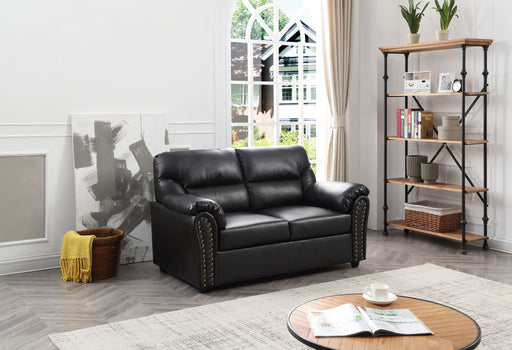 Black padded reclining loveseat from Glory Furniture, designed for modern living rooms, featuring plush cushions and sleek style.