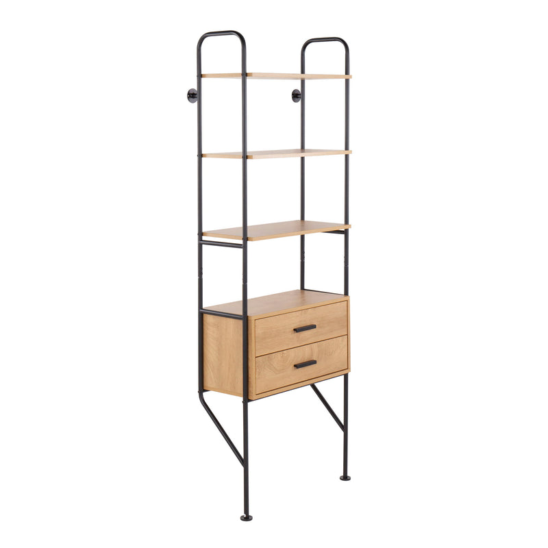 Lumi Source Lean industrial bookcase with black metal frame and brown wooden shelves, modern design for home or office storage.