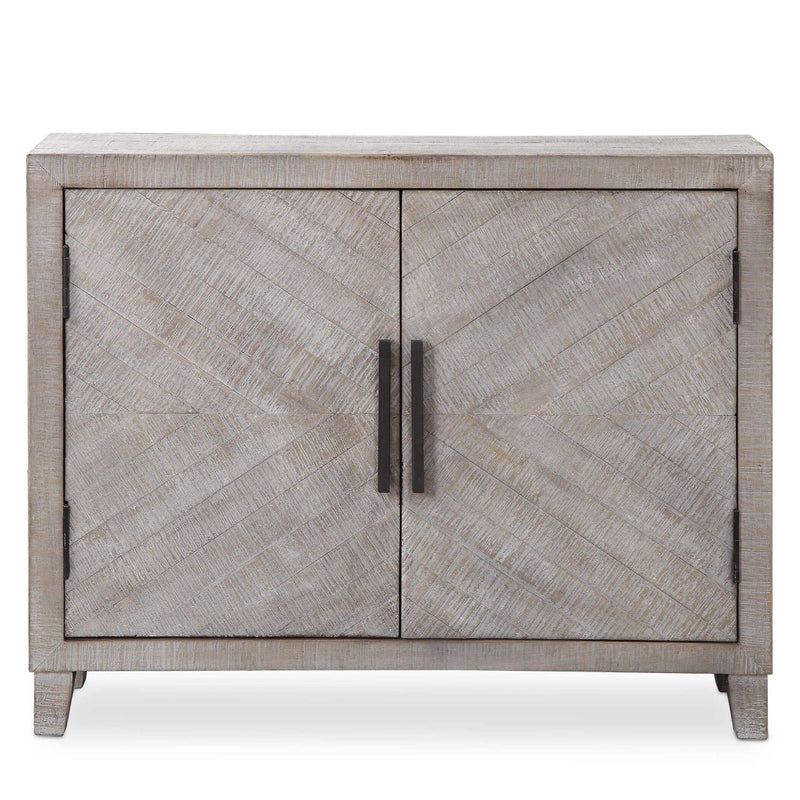 Uttermost Adalind white washed accent cabinet with a sleek design and wood finish, featuring a smooth top and storage cabinet doors.