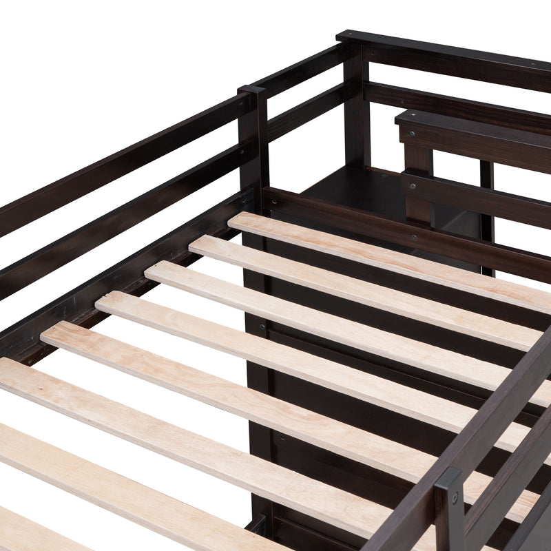 DreamHaus bunk bed with staircase and trundle, featuring sturdy wood construction and space-saving design for kids' bedrooms.