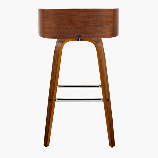 Lumi Source Maya mid-century modern fixed height barstool set with swivel and square footrest, featuring sleek wooden seat and metal frame.