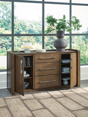 Benchcraft Marxmore brown dining room server with storage drawers and cabinet space, stylish and functional for modern dining rooms.