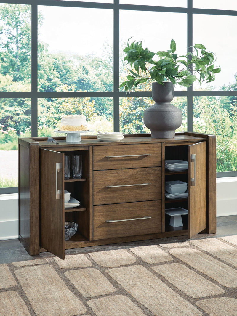 Benchcraft Marxmore brown dining room server with storage drawers and cabinet space, stylish and functional for modern dining rooms.