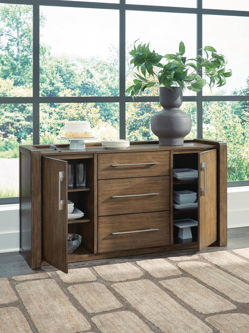 Benchcraft Marxmore brown dining room server with storage drawers and cabinet space, stylish and functional for modern dining rooms.