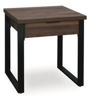 Signature Design by Ashley Wickman Falls rectangular cocktail table with a sleek wooden surface and sturdy metal legs.