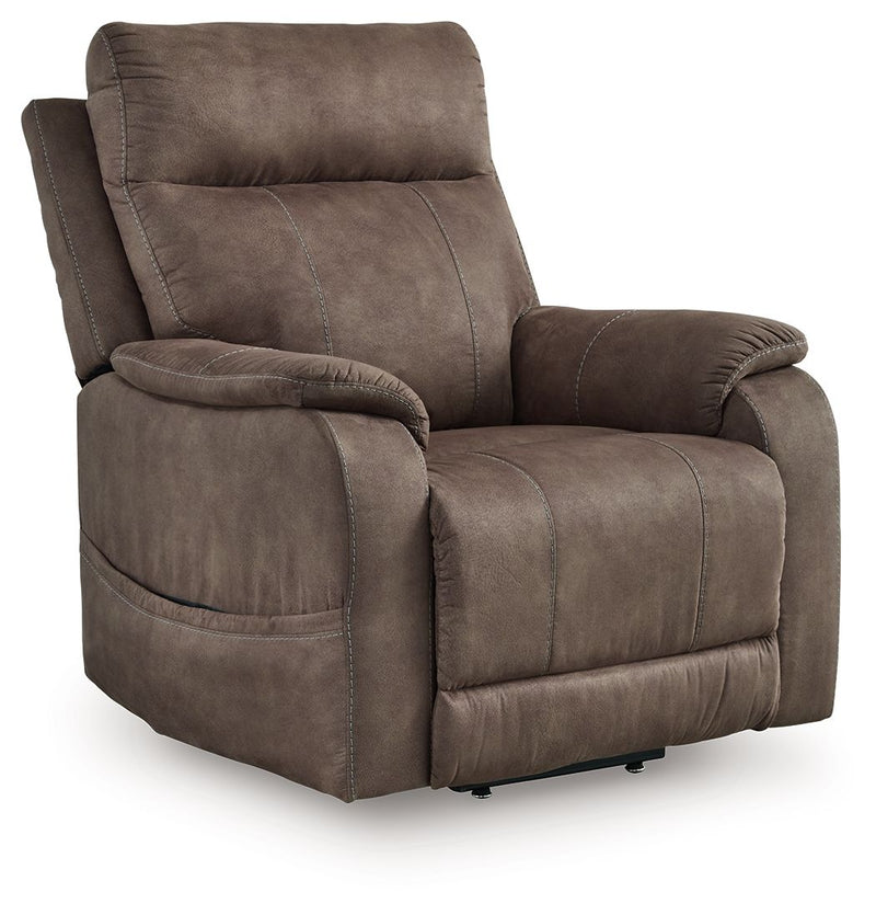 Signature Design by Ashley Crestmeade Power Lift Recliner in beige fabric with padded armrests and plush cushioning.