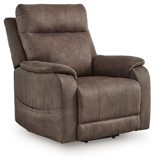 Signature Design by Ashley Crestmeade Power Lift Recliner in beige fabric with padded armrests and plush cushioning.