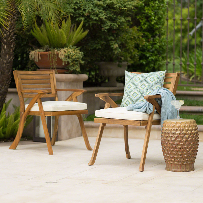 Noble House outdoor teak dining set with two chairs and a coffee table, perfect for patio or garden outdoor dining.