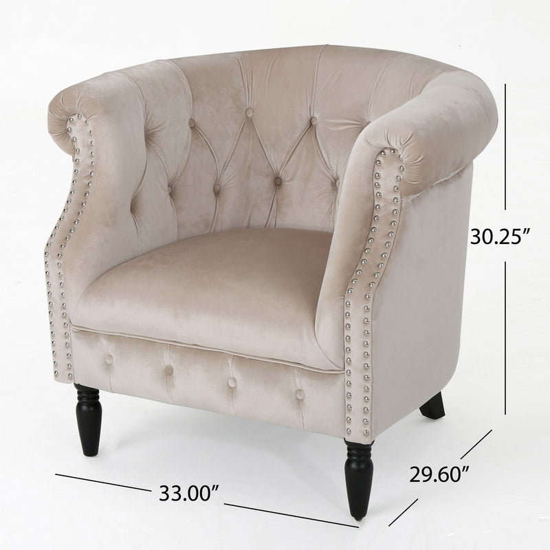 Noble House Celestialis upholstered club arm chair with tub design, rolled recessed armrests, and plush fabric for a stylish look.