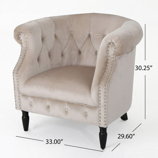 Noble House Celestialis upholstered club arm chair with tub design, rolled recessed armrests, and plush fabric for a stylish look.