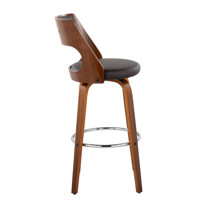 Set of two Lumi Source Cecina mid-century modern barstools with swivel seats and wooden legs.