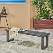 Dark gray Noble House Realm outdoor bench with slat panel top and base, showing sturdy wooden slats and sleek design.