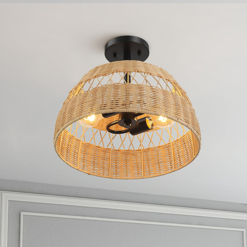 Twinkle - Double Lights Semi Flush With Shade - Black / Rattan - R&R Furniture Gallery (Fountain Valley, CA)