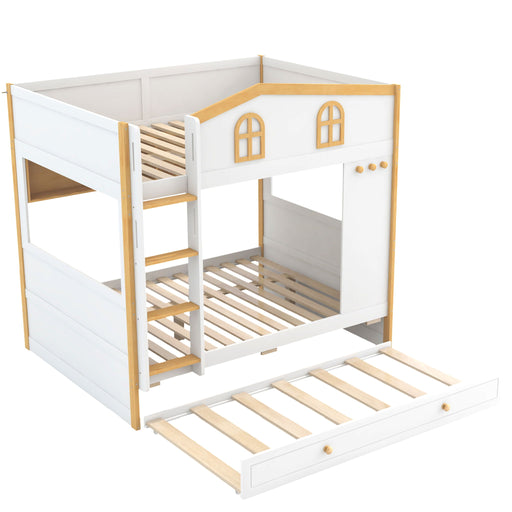 White and natural Dreamland full-over-full bunk bed with built-in storage shelves and trundle, ideal for space-saving bedroom furniture.