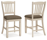 Set of two beige Bolanburg upholstered barstools by Signature Design Ashley featuring cushioned seats and wooden legs.