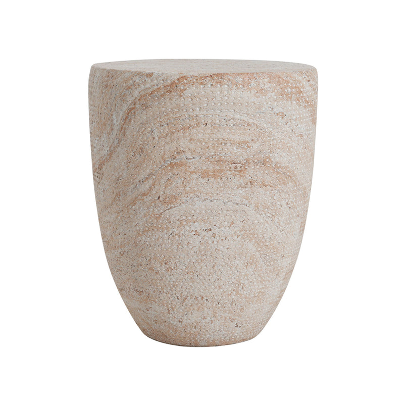 Noble House beige concrete side table with travertine top, suitable for outdoor and indoor use, lightweight and stylish.