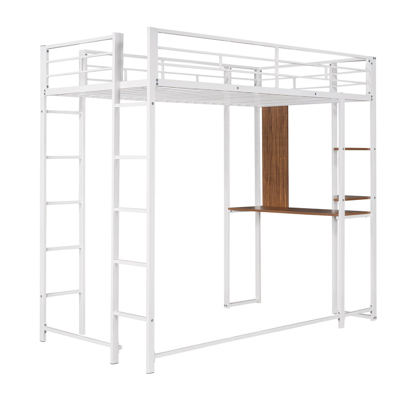 Hearth & Haven - Twin Metal Loft Bed With 2 Shelves And One Desk - White - R&R Furniture Gallery (Fountain Valley, CA)