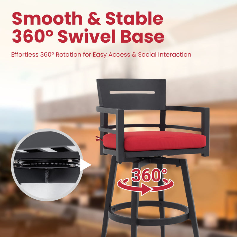 Set of two Life Outside outdoor swivel bar chairs with ergonomic backs and 360-degree rotation, ideal for patio or bar areas.