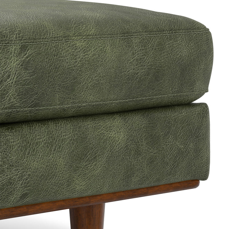 Simpli-Home Morrison handcrafted upholstered ottoman with a cushioned top and wooden legs for versatile living room seating.