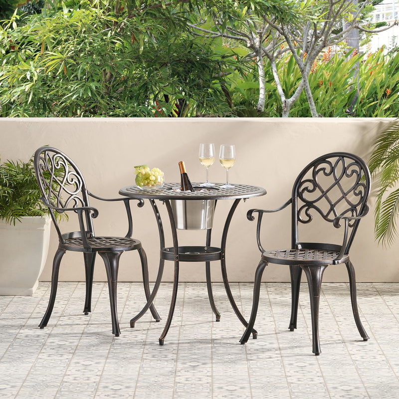 3 Piece Outdoor Aluminium Cast Bistro Set With Ice Bucket - Copper - R&R Furniture Gallery (Fountain Valley, CA)