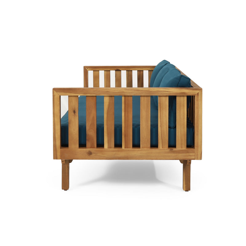 Noble House Claremont 3-seater teak acacia wood sofa with water-resistant cushions, outdoor daybed with a modern design.