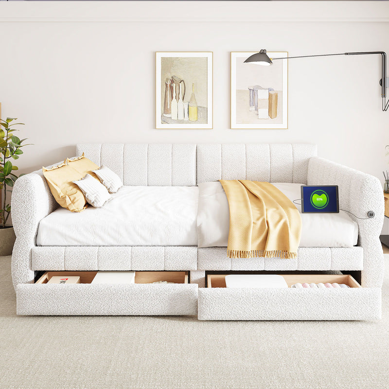 Dreamland upholstered platform bed with USB charging ports and two storage drawers, featuring soft fabric upholstery and modern design.