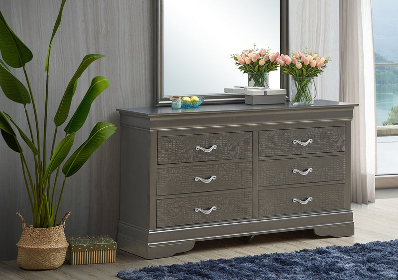 Metallic black dresser from Glory Furniture featuring a sleek, sophisticated storage solution with multiple drawers and modern design.