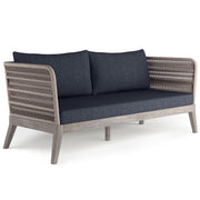 Slate gray outdoor sofa from Simpli-Home Santiago collection, featuring comfortable cushions and a sturdy frame for outdoor lounging.