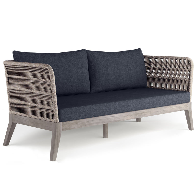 Slate gray outdoor sofa from Simpli-Home Santiago collection, featuring comfortable cushions and a sturdy frame for outdoor lounging.