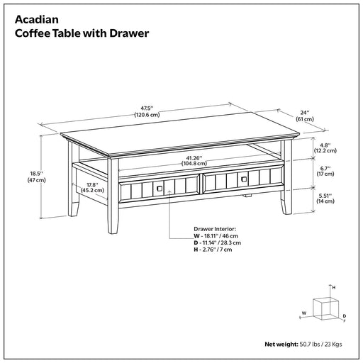 Acadian - Coffee Table With Drawer - Brown - R&R Furniture Gallery (Fountain Valley, CA)