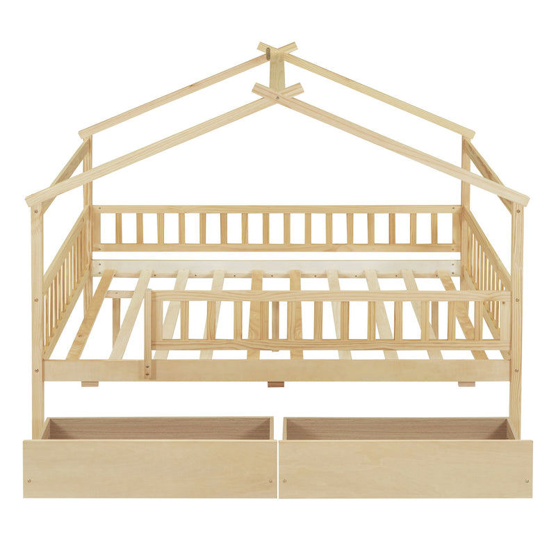 DreamHaus house bed with storage drawers, wooden frame, cozy design, and two built-in drawers for bedroom organization.