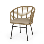 Noble House Randy modern wicker arm chair with water-resistant beige cushions, brown wicker frame, stylish outdoor seating.