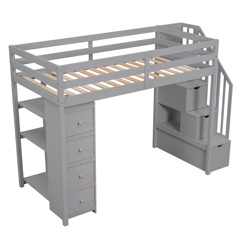DreamHaus loft bed with built-in storage drawers, stairs with shelves, and a sturdy frame in a modern bedroom setting.