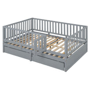 DreamHaus storage daybed with fence guardrails, two drawers, and split into floor bed and daybed, ideal for versatile bedroom setup.