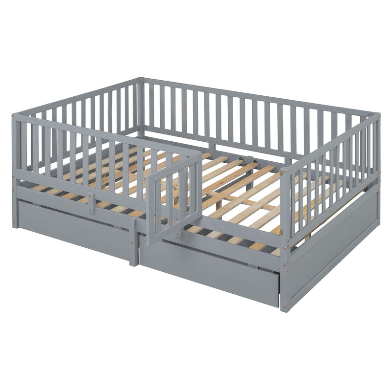 DreamHaus storage daybed with fence guardrails, two drawers, and split into floor bed and daybed, ideal for versatile bedroom setup.