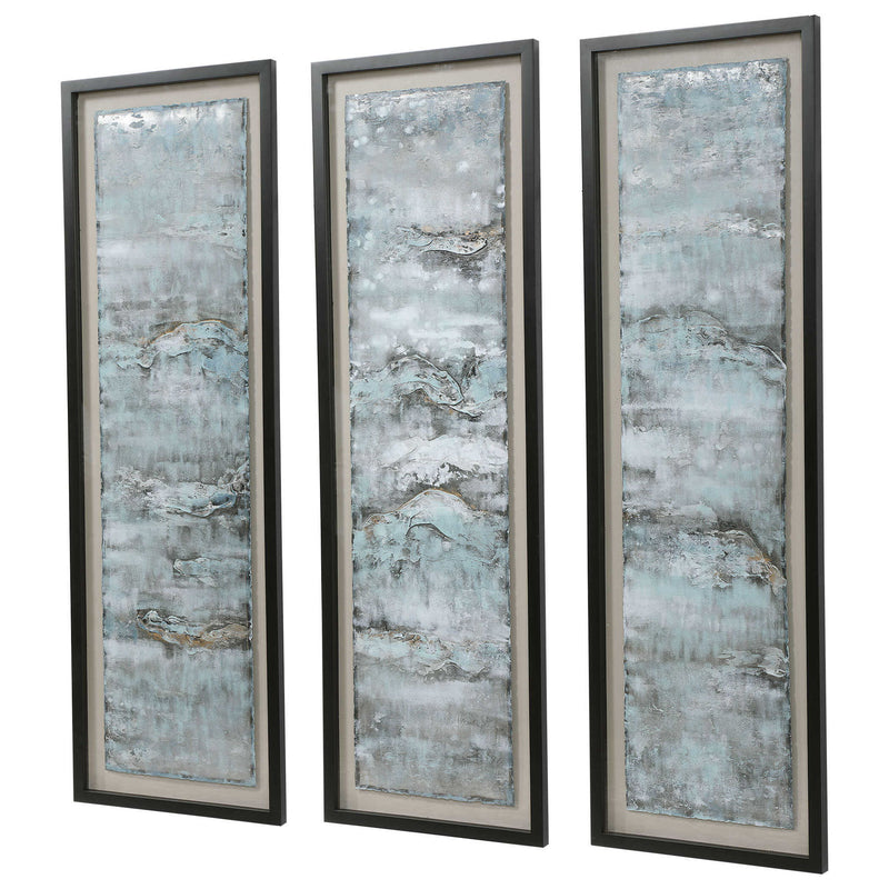 Uttermost Ocean Swell painted metal wall decor set of 3 in blue with abstract ocean wave design for modern wall art.