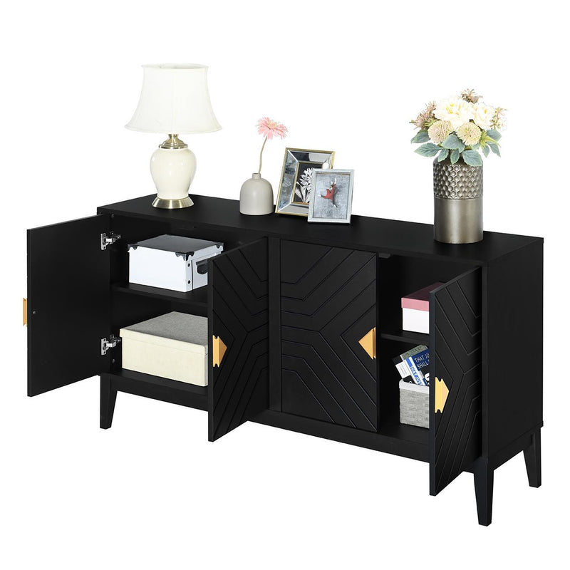 4 Door Sideboard Storage Cabinet For Living Room And Dining Room, 2 Large Cabinets With Gold Handles And Adjustable Shelf - Black - R&R Furniture Gallery (Fountain Valley, CA)
