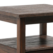 Handcrafted Warm Shaker coffee table by Simpli-Home featuring a wooden finish and sturdy design in a cozy living room setting.