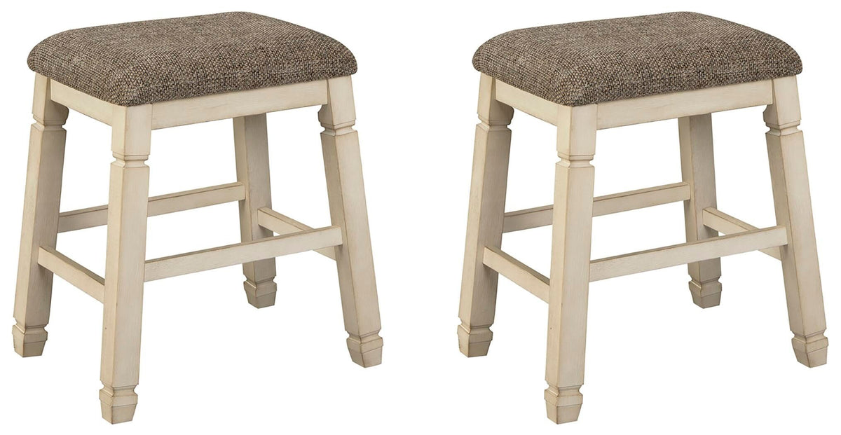 Set of two beige upholstered stools by Signature Design by Ashley, featuring cushioned seats and wooden legs.