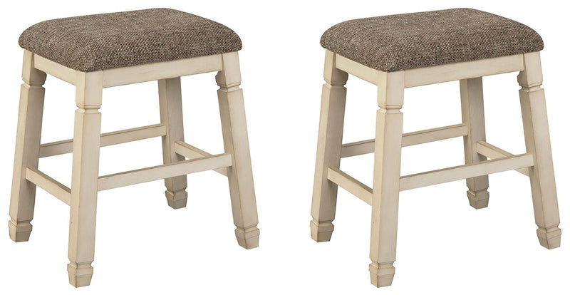 Set of two beige upholstered stools by Signature Design by Ashley, featuring cushioned seats and wooden legs.