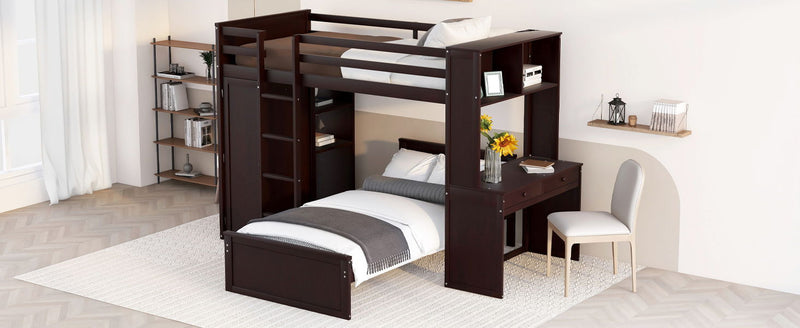 DreamHaus loft bed with integrated stand-alone bed, shelves, desk, and wardrobe for space-saving bedroom storage.