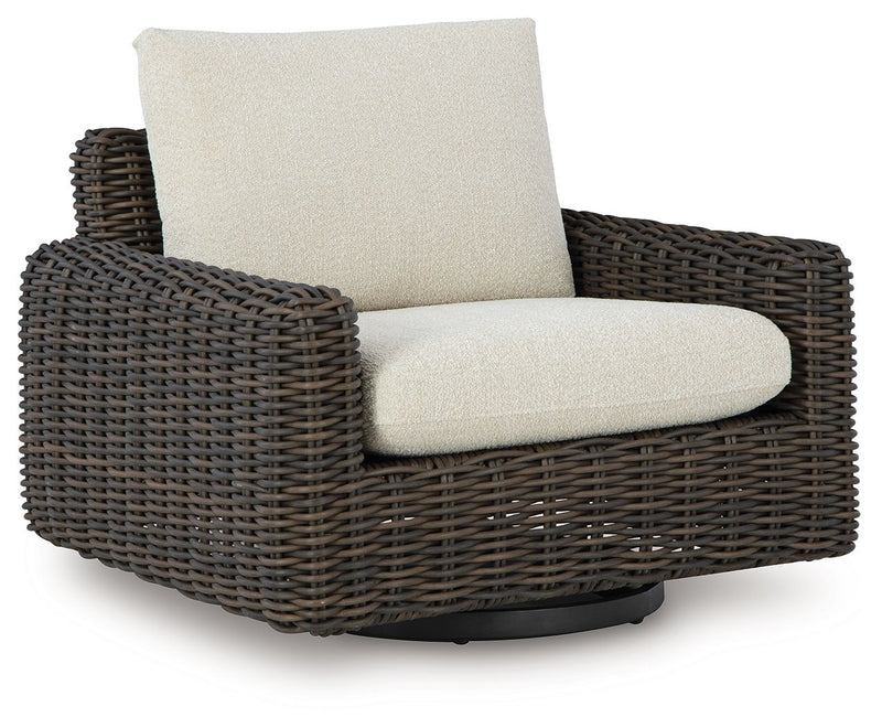 Kimora - 7 Pc. - 4-Piece Outdoor Sectional, Swivel Glider Lounge, Cocktail Table, End Table - Beige / Dark Brown - R&R Furniture Gallery (Fountain Valley, CA)