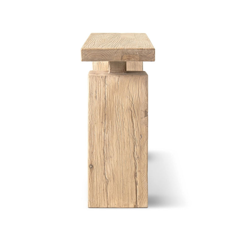 Jennifer Taylor Home Calder console table in natural wood finish, showcasing a sleek, modern design with smooth surface and sturdy legs.